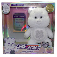 White plush good luck bear with glitter clover belly badge, Crystal by Swarovski box