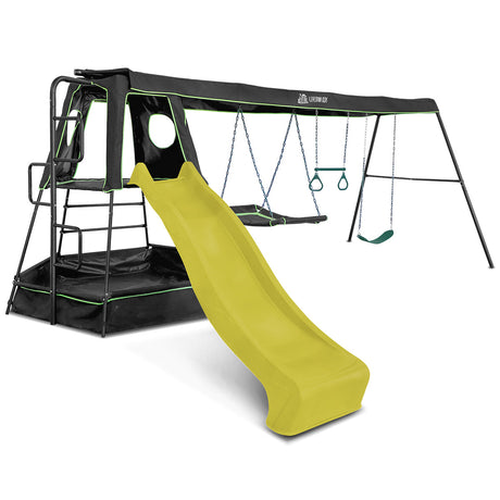 Lifespan Kids Pallas Play Tower with Metal Swing Set in Yellow Slide