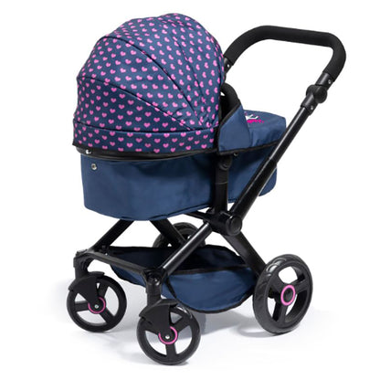 Bayer Xeo Compact Doll Pram, Dark Blue with Pink Heart Print
