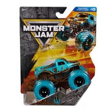 Monster Jam die-cast monster truck with blue body and black wheels, Whiplash design, 1:64