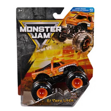 Orange die-cast monster truck toy with oversized black tires, El Toro Loco styling