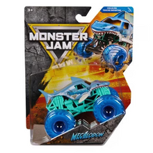 Blue and teal die-cast monster truck toy with spiked body, Megalodon