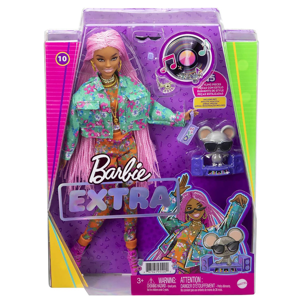 Barbie Extra Doll in Floral Jogger Set with Pet DJ Mouse