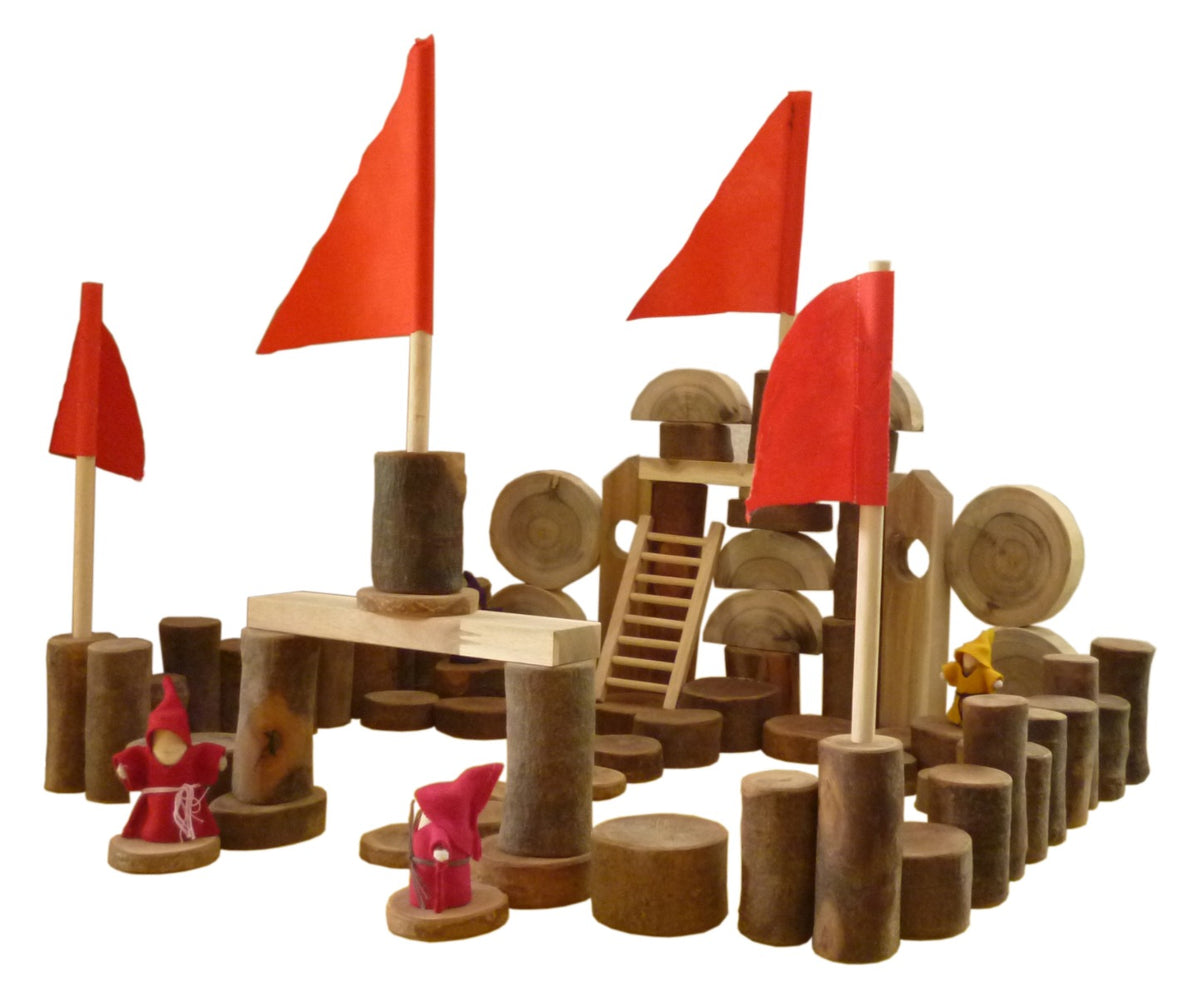 Wooden castle blocks set front view with red flags and circular wooden towers