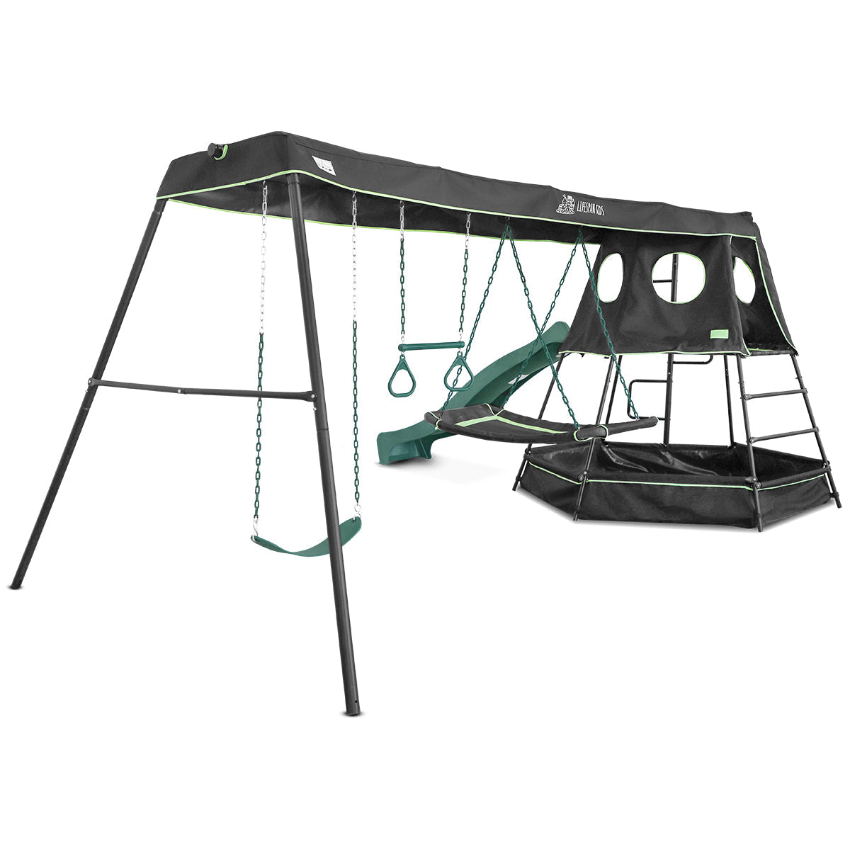 Lifespan Kids Pallas Play Tower with Metal Swing Set in Green Slide