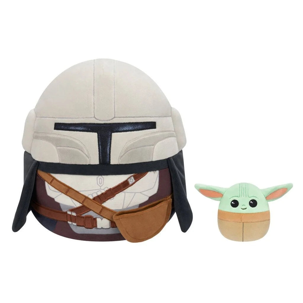 Squishmallows 12" Mandalorian with 3.5" Grogu beside Mando