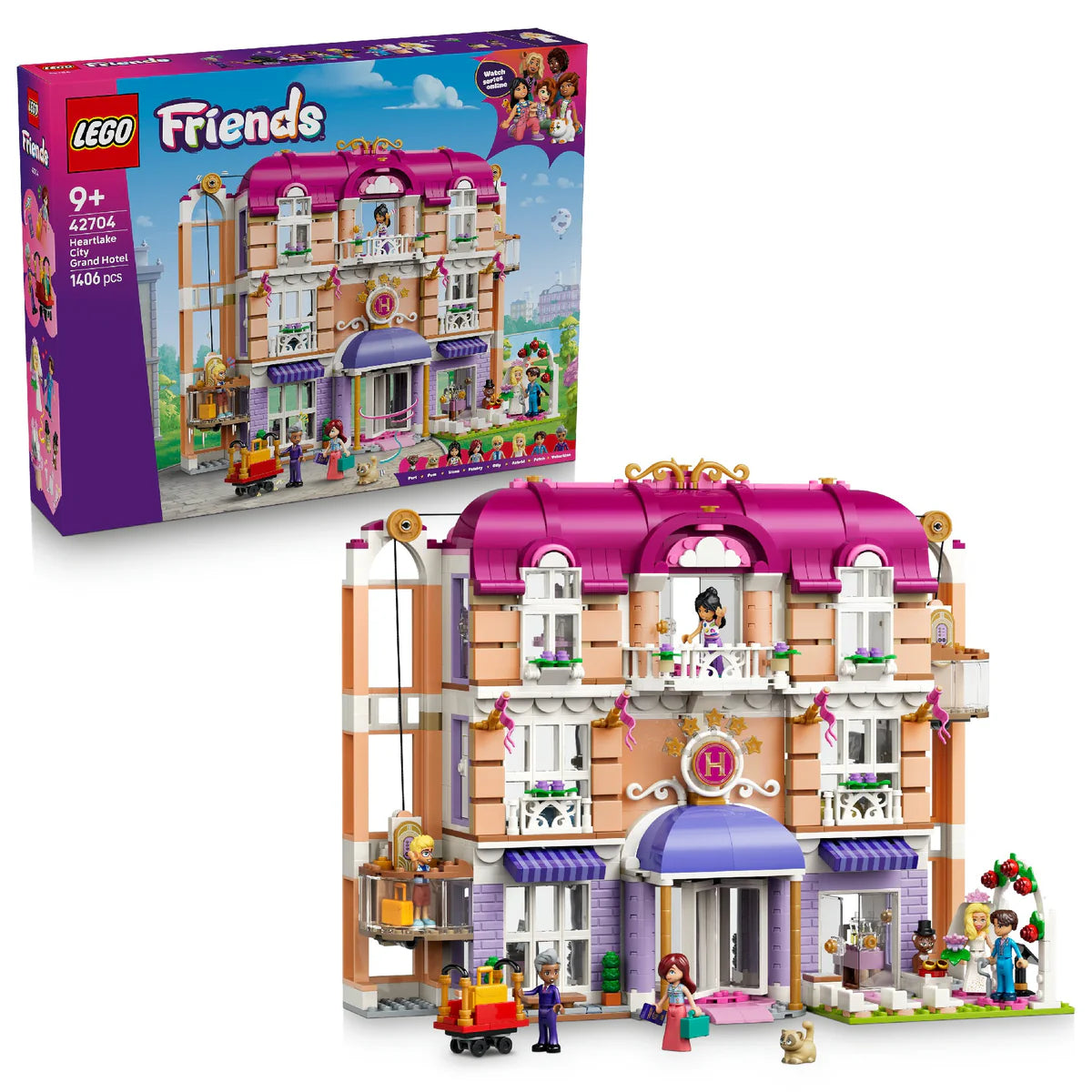 LEGO Friends Grand Hotel building set, magenta and cream house-style model