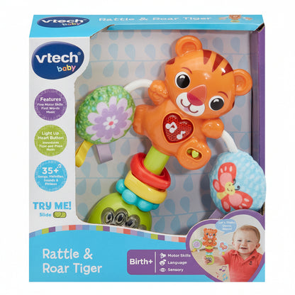 VTech tiger baby rattle toy in retail box, orange with flower and heart details