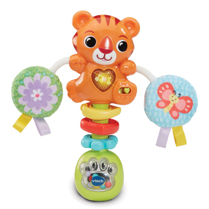 Orange tiger baby rattle with stacked rings and two fabric teether balls