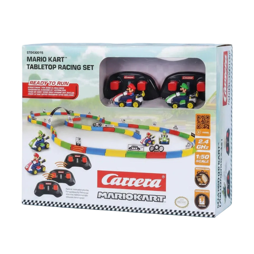 Carrera Mario Kart tabletop racing set box with track, two RC cars, and controller