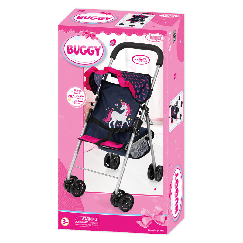 Bayer Doll Stroller Dark Blue with Pink Hearts & Unicorns