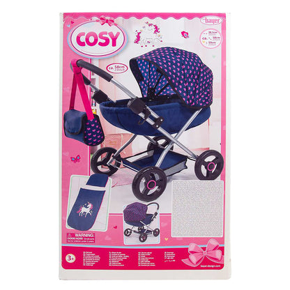 Bayer Cosy Doll Pram - Dark Blue with Pink Hearts and Unicorn