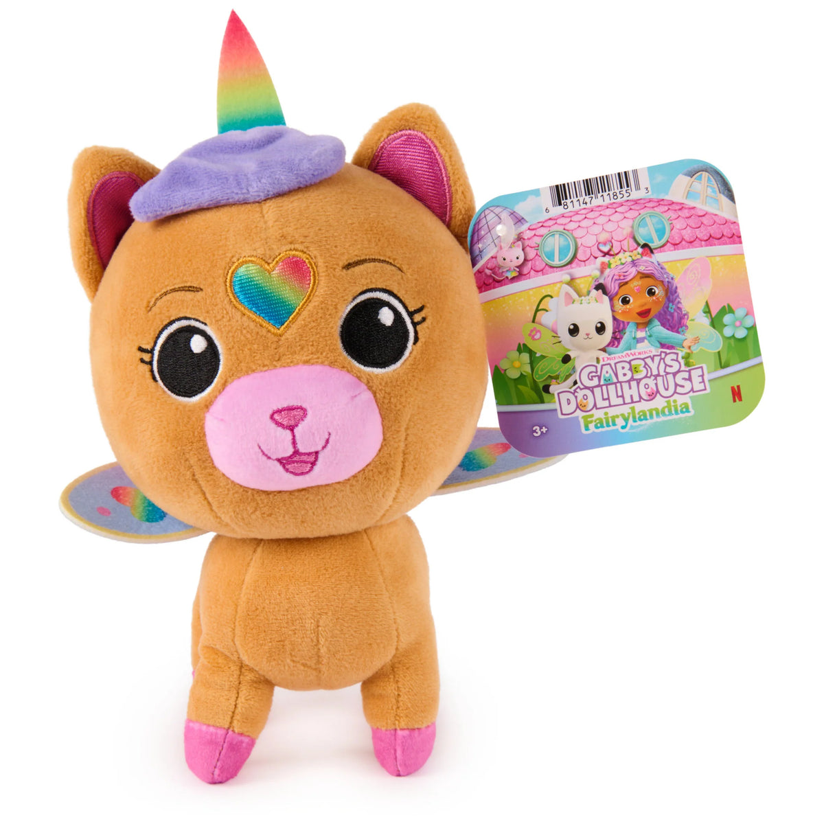A Cabys Dollhouse Fairylandia plush toy featuring a brown cat-like character with a purple horn, rainbow accents, and a colorful retail hangtag.