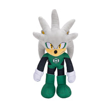 Gray hedgehog plush toy in green-and-black outfit, white gloves and green boots
