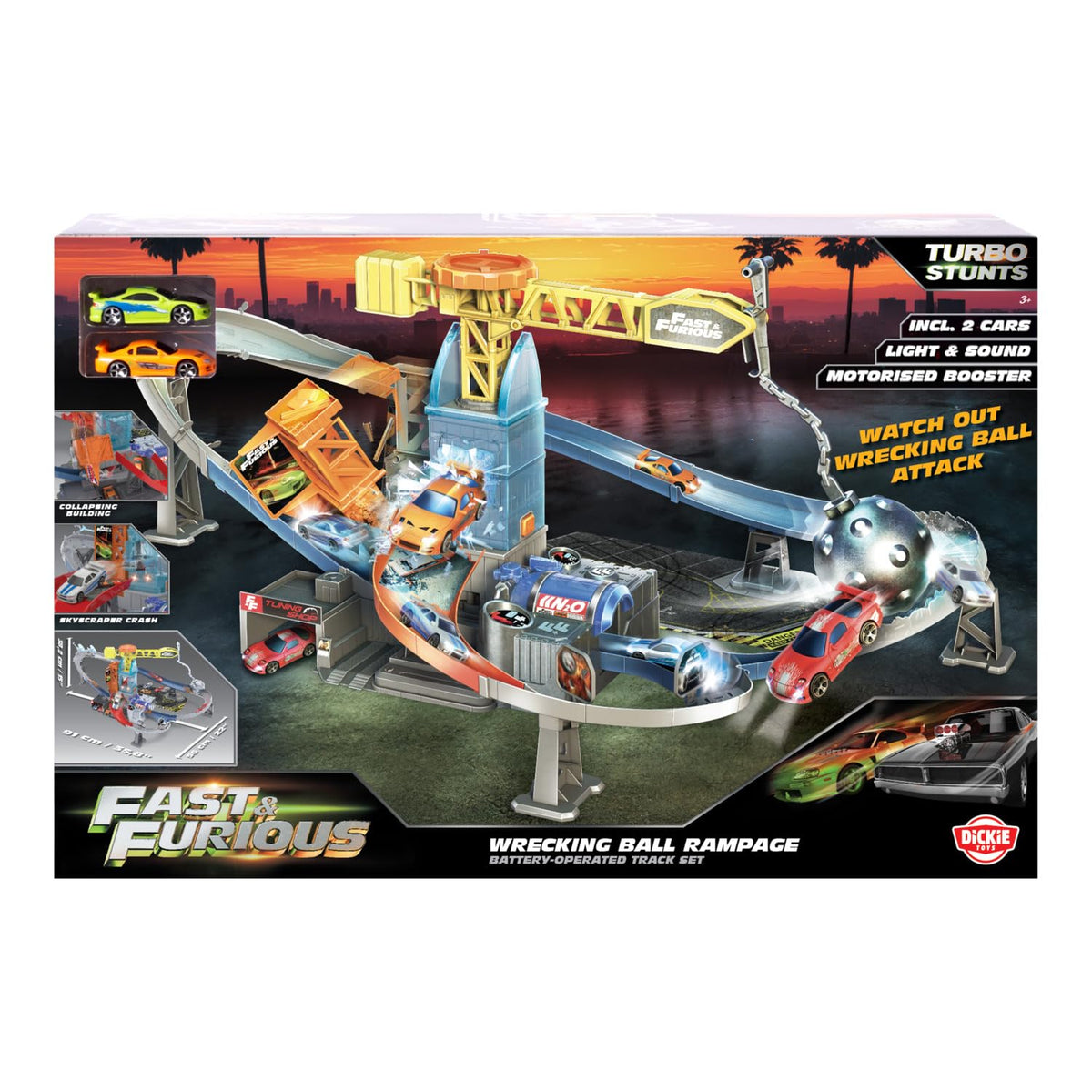 Fast & Furious wrecking ball rampage playset box with track, cars, and chain ball