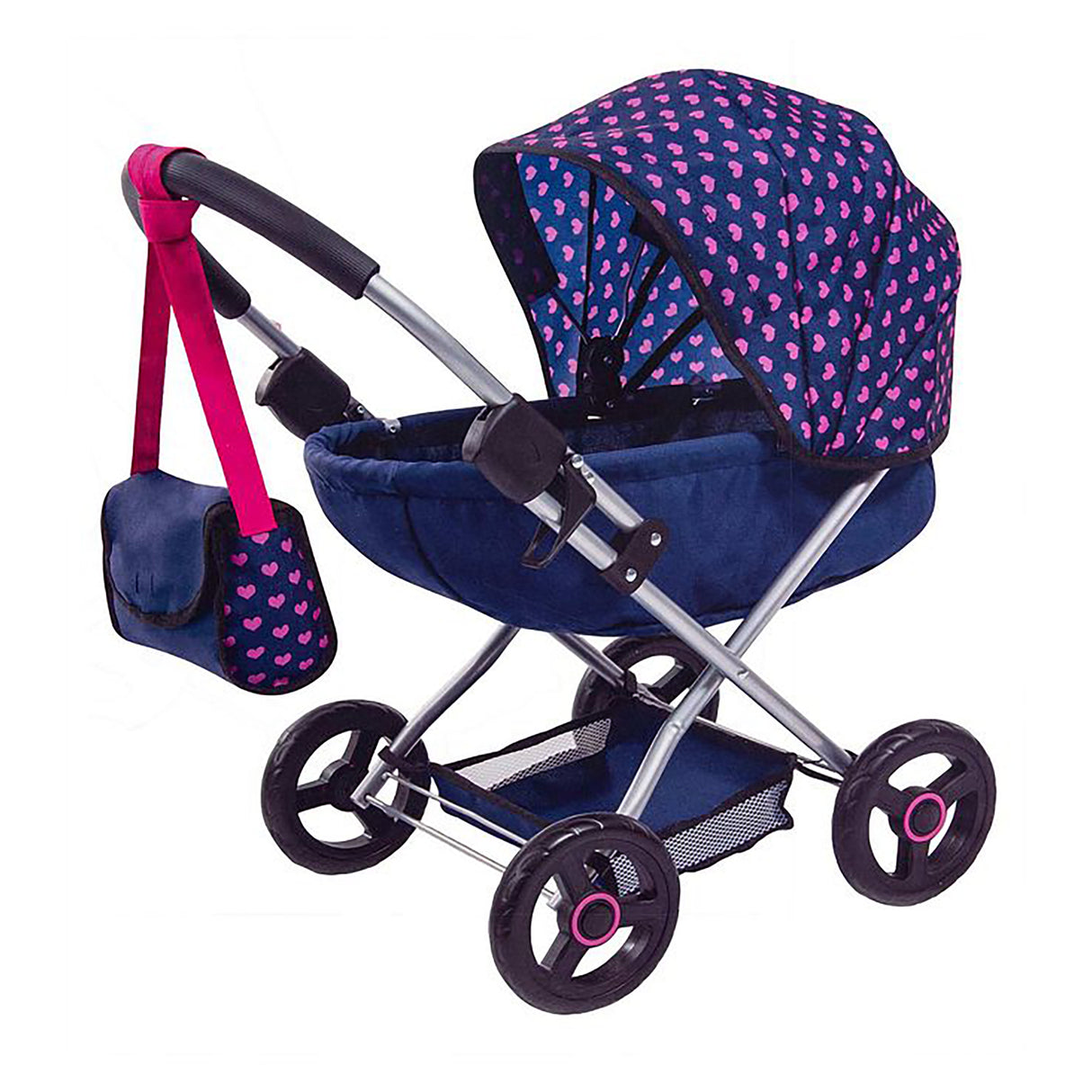 Bayer Cosy Doll Pram - Dark Blue with Pink Hearts and Unicorn