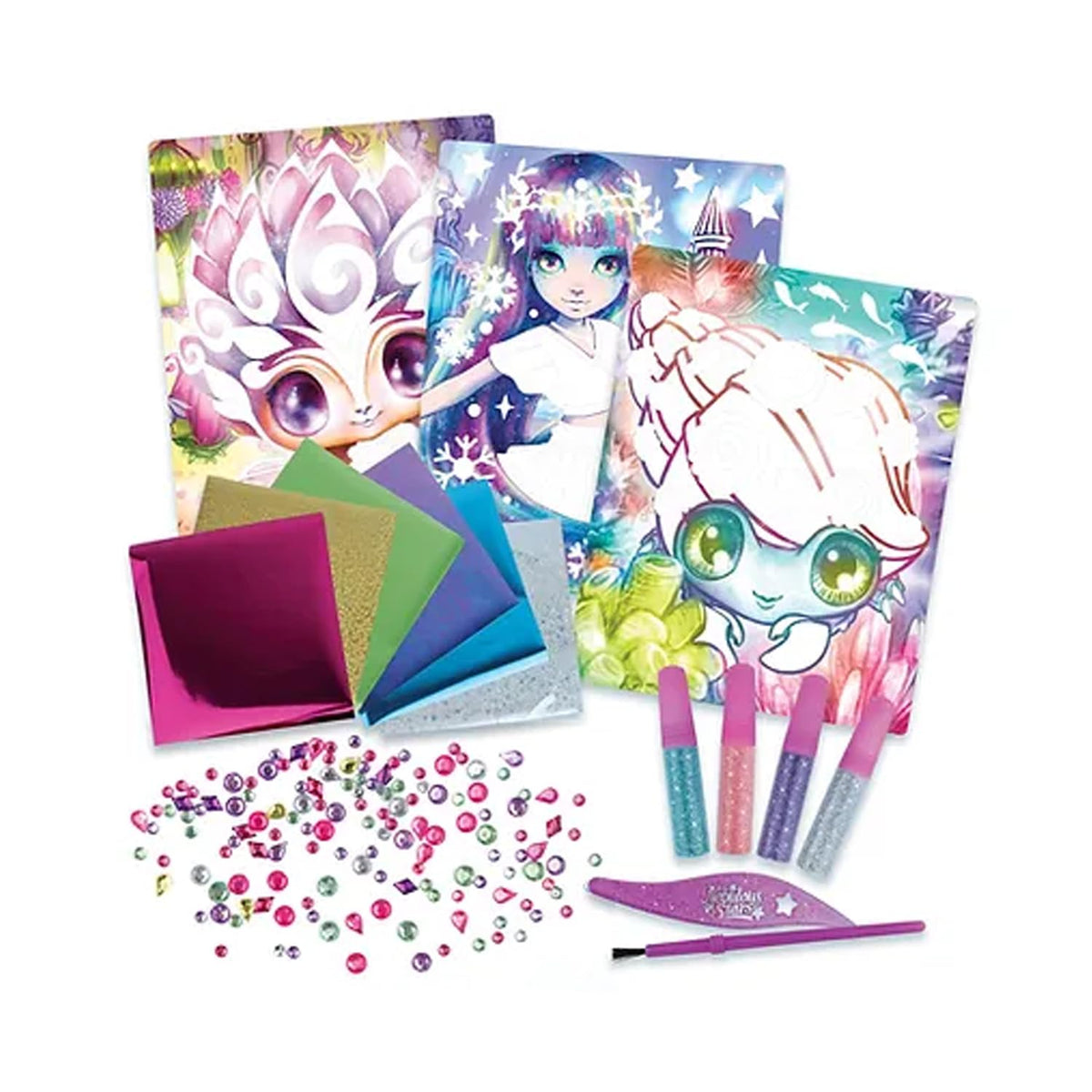 Glitter and foil art kit supplies with character sheets, gem stickers, and tools