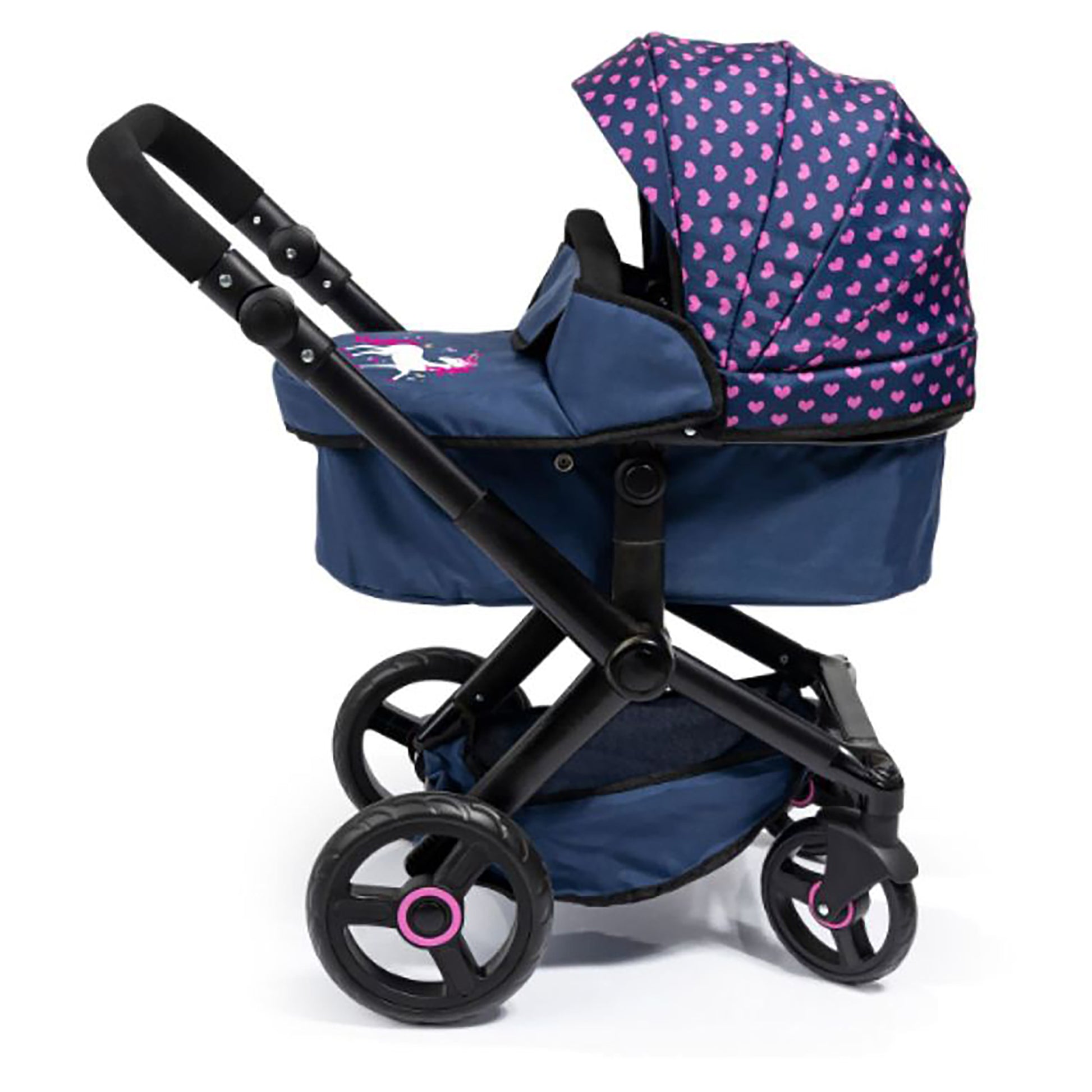Bayer Xeo Compact Doll Pram, Dark Blue with Pink Heart Print