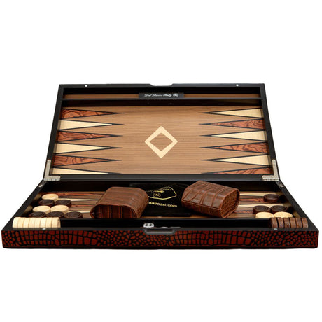 Dal Rossi Italy 18" Backgammon Wooden Crocodile Engraved Design Light Tan