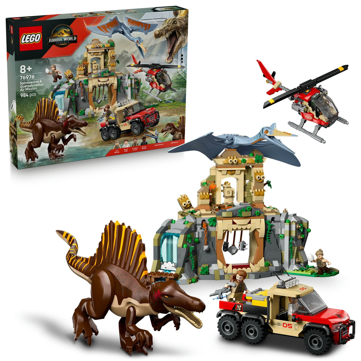 LEGO Jurassic World air mission set box with Spinosaurus, Quetzalcoatlus and vehicle