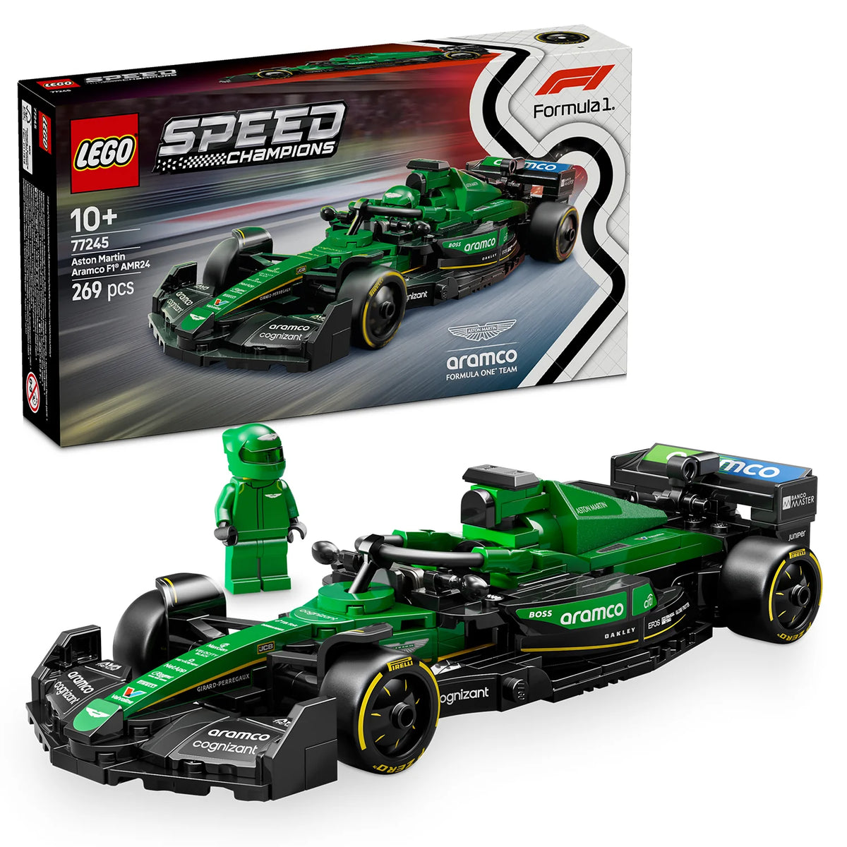 Green and black Formula 1 LEGO Speed Champions race car model with minifigure stand