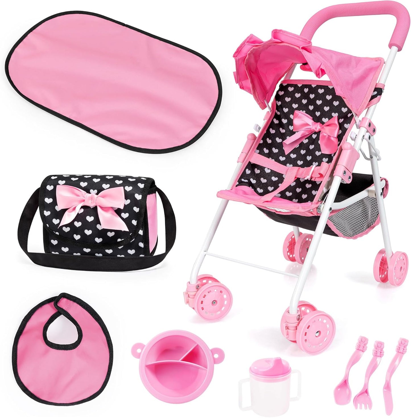 Bayer Doll Buggy Pink & Black with Pink Bow Gift Set