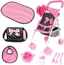 Bayer Doll Buggy Pink & Black with Pink Bow Gift Set