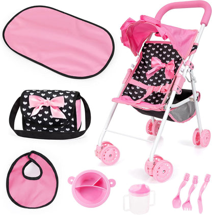 Bayer Doll Buggy Pink & Black with Pink Bow Gift Set