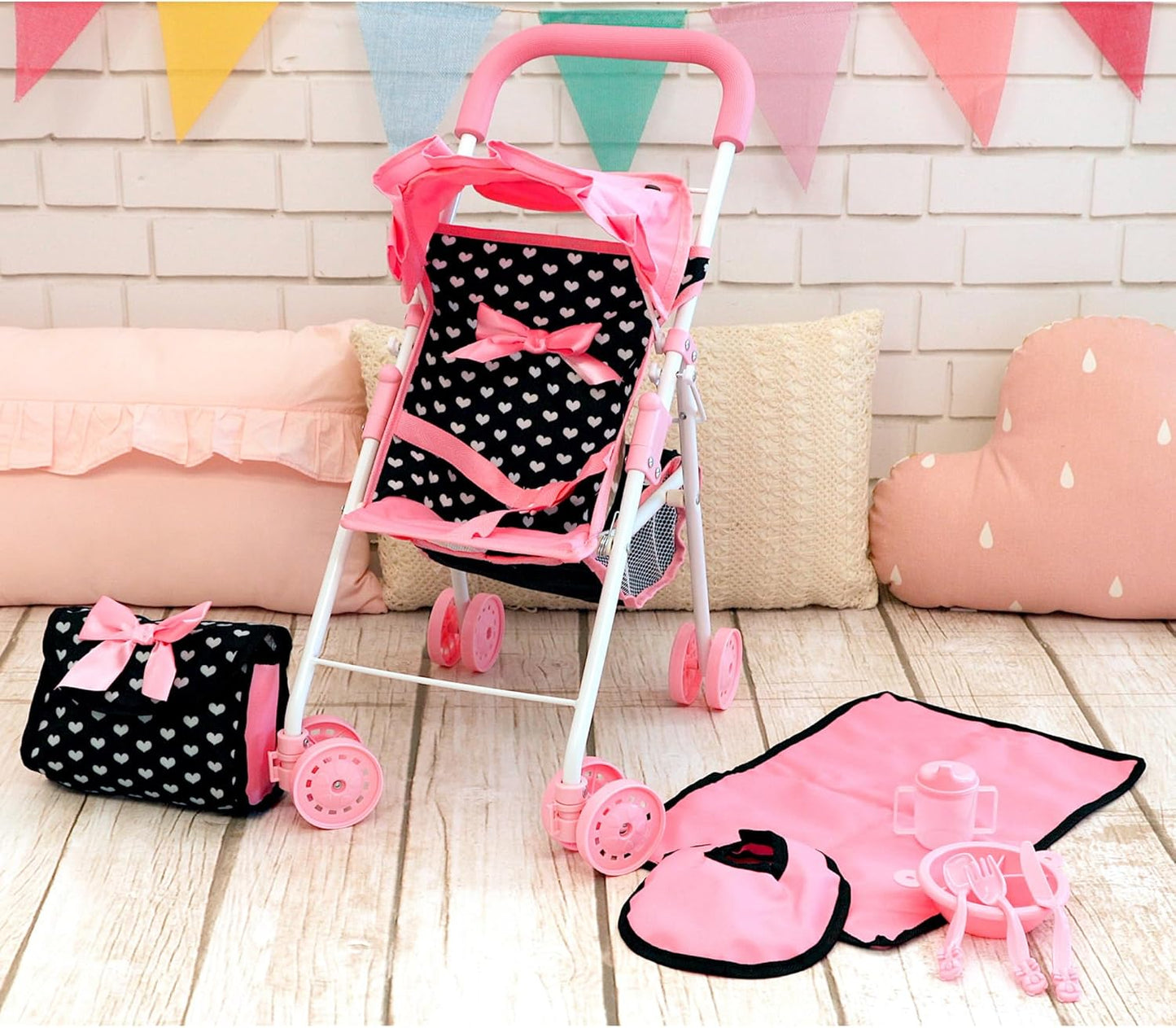 Bayer Doll Buggy Pink & Black with Pink Bow Gift Set