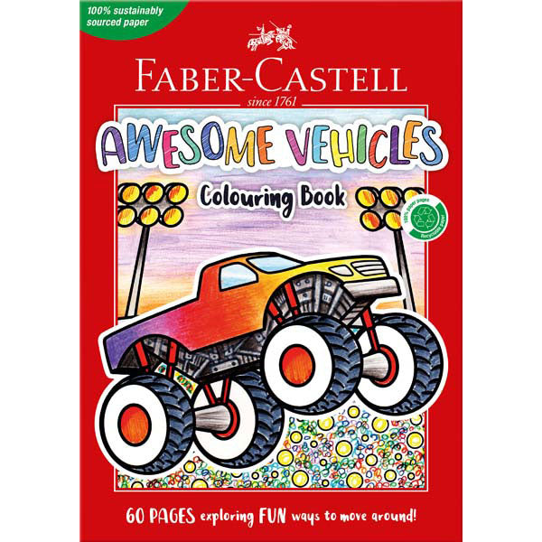 Awesome Vehicles colouring book front cover with colorful tractor illustration