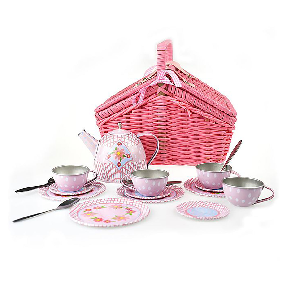 Kaper Kidz Floral Tin Tea Set in Picnic Basket (Pack of 18)