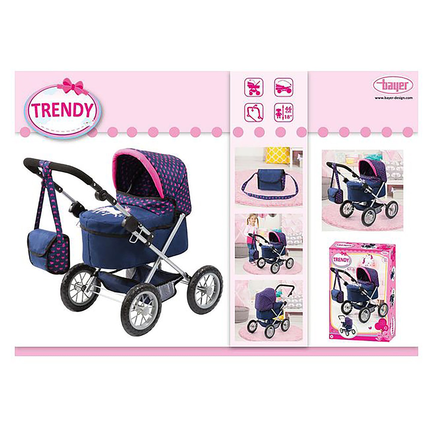 Bayer Trendy Doll Pram, Dark Blue with Pink Hearts and Unicorn