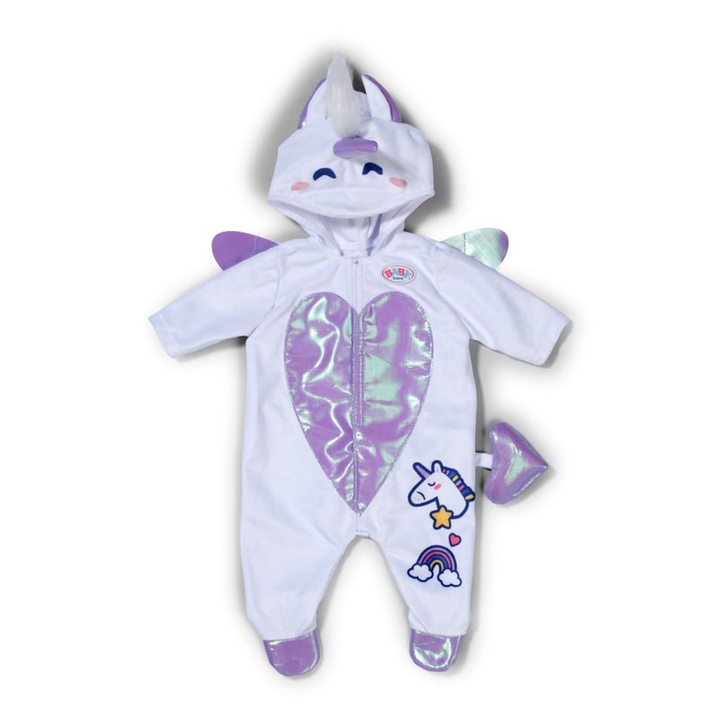 BABY born unicorn onesie, pale white with purple iridescent heart panel and hood