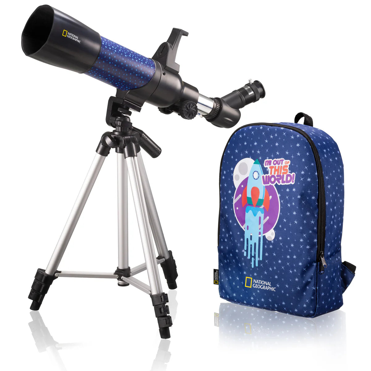 Blue 70/400 AR telescope on tripod with matching blue backpack