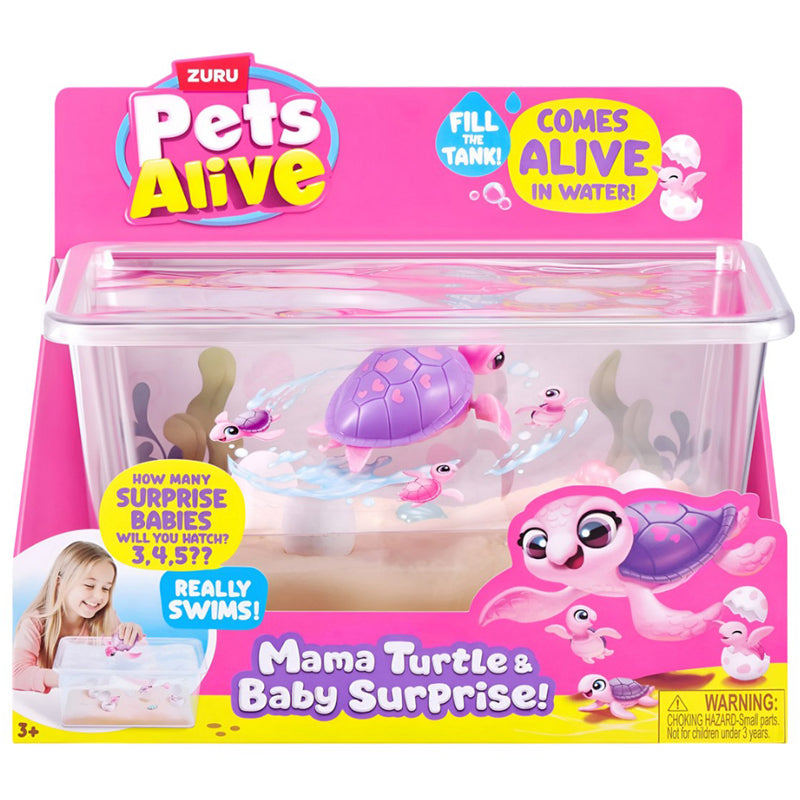 Turtle surprise playset packaging with clear tank and purple turtle figures
