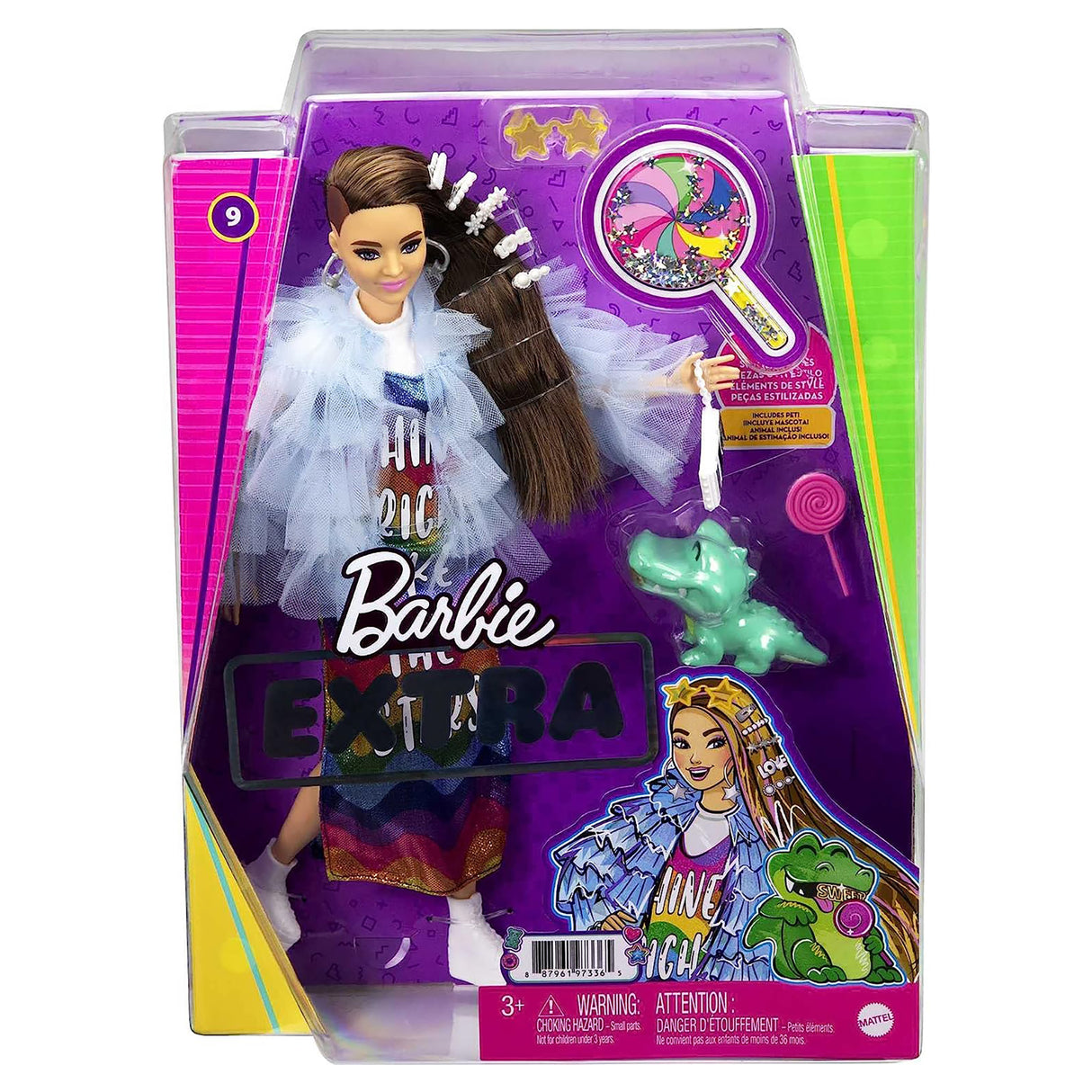 Barbie Extra Doll in Rainbow Pattern Dress with Pet Alligator