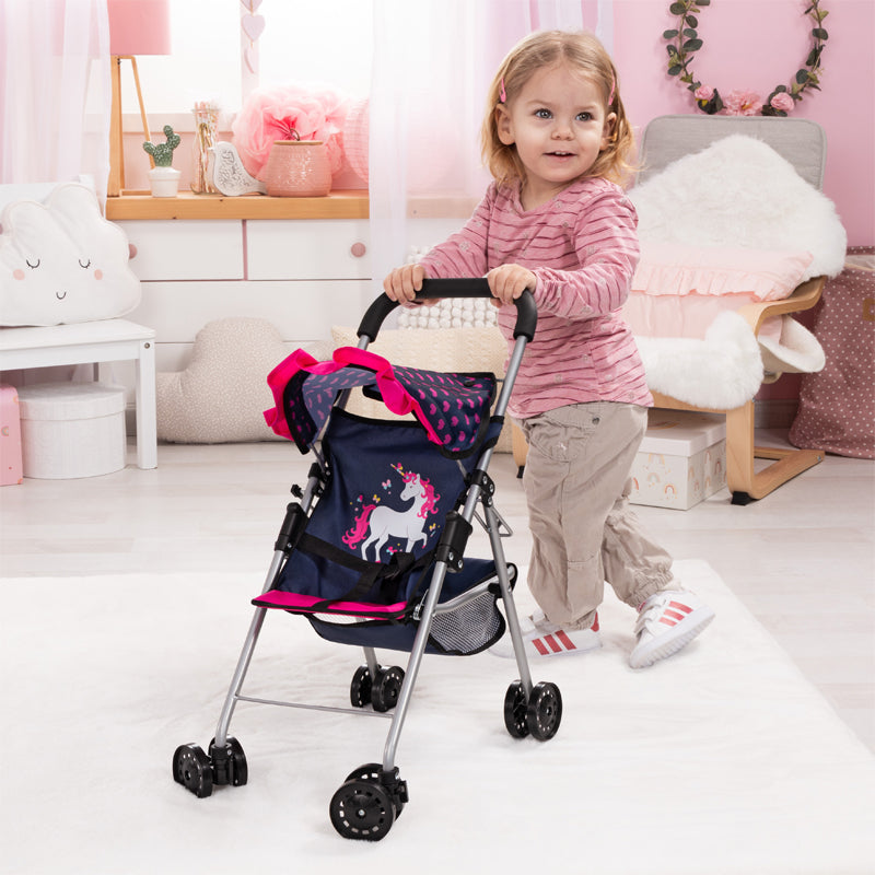 Bayer Doll Stroller Dark Blue with Pink Hearts & Unicorns