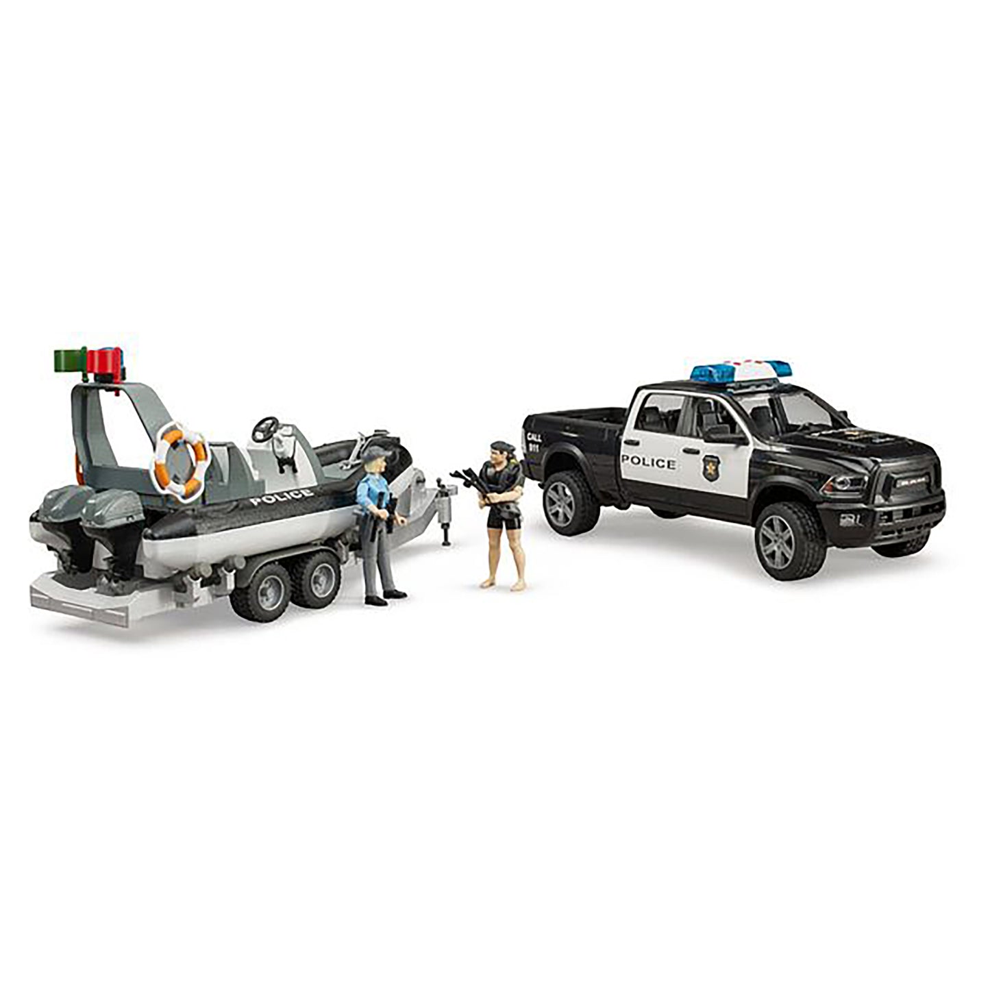 Bruder Ram 2500 Police Pick Up& Trailer with Boat & Figures