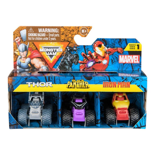 Marvel Monster Jam mini toy truck 3-pack in retail box: Thor, Black Panther, Iron Man