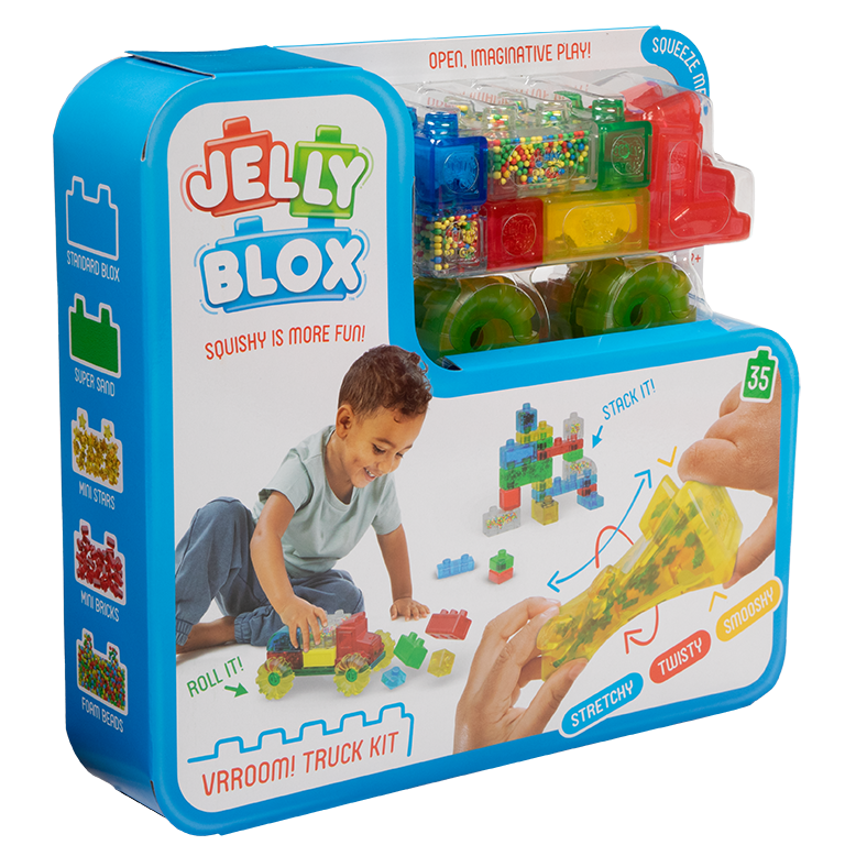 Blue truck building kit box with window display of colorful translucent block pieces