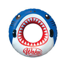 Inflatable shark pool float with red tooth circle and blue fin handles