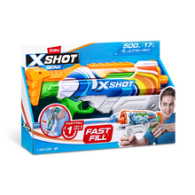 Retail box for X-SHOT skins fast-fill blaster, blue packaging with orange and green