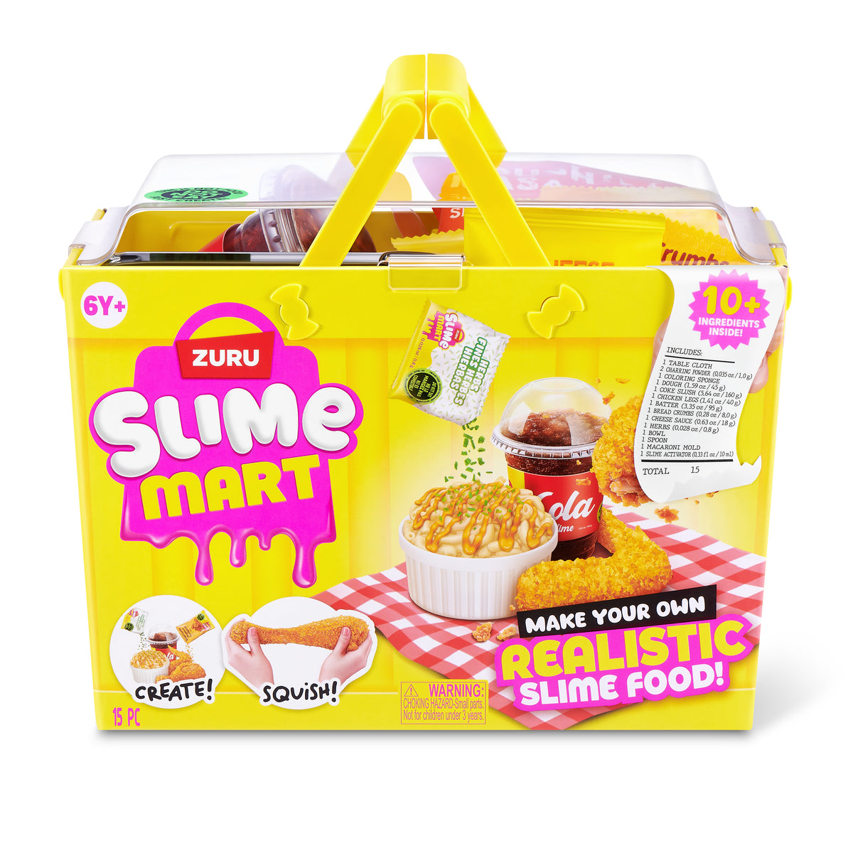 Yellow plastic toy shopping basket with clear top and handle, slime food accessories
