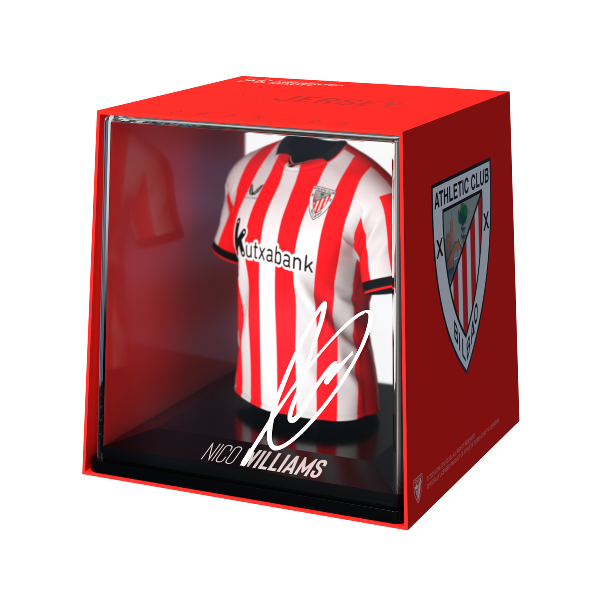 Red framed 10cm display box showing red-and-white striped jersey with Nico Williams autograph