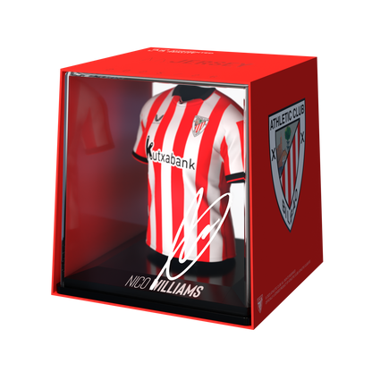 Red framed 10cm display box showing red-and-white striped jersey with Nico Williams autograph