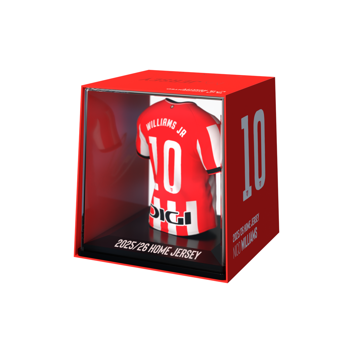 Angled 10cm display box with red jersey back, Nico Williams #10, home jersey label