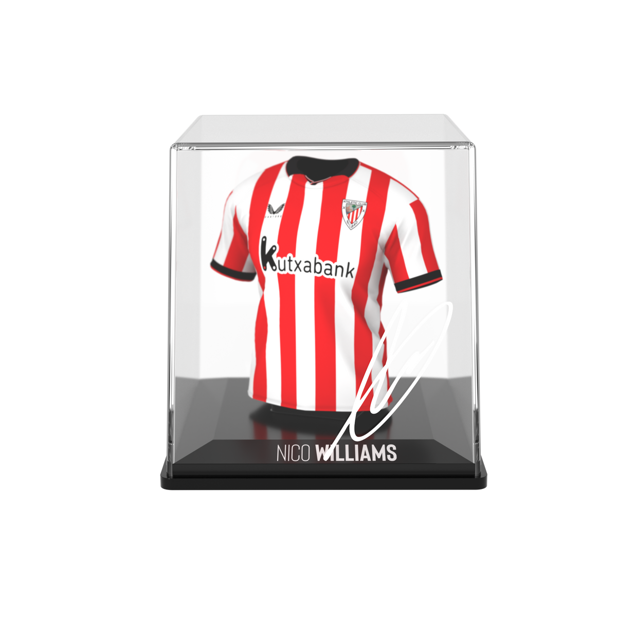 Clear 10cm display box with red-and-white striped jersey, Nico Williams autograph, nameplate