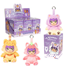 Aphmau vinyl plush keychain assortment shown in boxes and loose characters