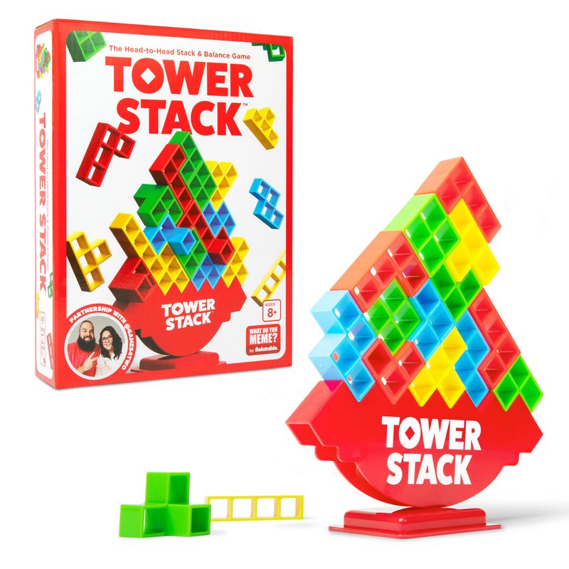 Tower Stack head-to-head balance game set with colored block pieces and box
