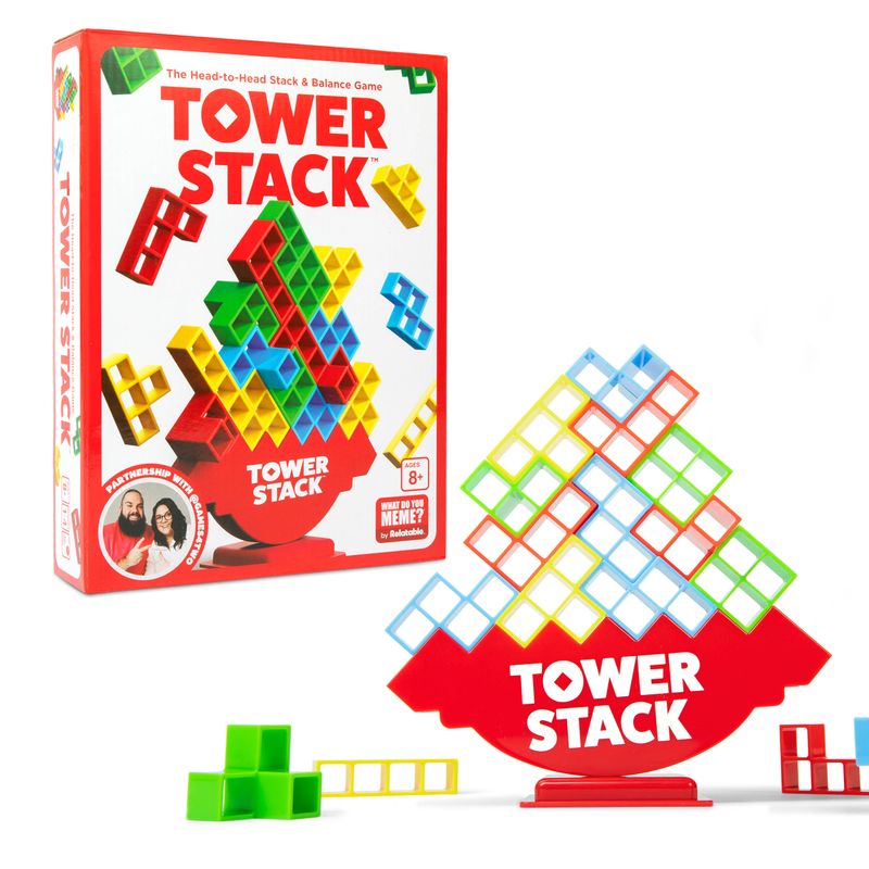 Tower Stack game box with red base and multicolor block pieces